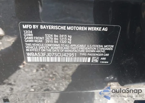 2025 BMW 530I xDrive z USA, uszkodzony, nr VIN WBA53FJ07SCU42951